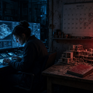 Editorial cinematic image a a Person: In the foreground, or through a doorway, we see a woman hunched intensely over a different, specialized task (e.g., obsessively typing at a console, or lost in complex digital models—a very Aquarius/Pluto activity). She is absorbed and maybe a little shadowed, reflecting the 'North Node/Pluto obsession.' 2. The Evidence of Neglect (The Failure/Guilt Zone): The Red Action/Guilt Accent: Against an opposite wall is a desk or shelving unit. A bright, deep red-bound ledger or specific notebook sits prominently, but it is covered in a layer of fine, gray dust. This is a visible symbol of an active "must-do" that has been neglected (Saturn/North Node neglect). Unfinished or 'Dead' Projects: Nearby, a complex physical model (like an architectural maquette or a detailed prototypes—the Aries initiation) sits half-assembled, but it is broken, incomplete, or pushed far to the side of a desk. Abandoned Calendars: A dry-erase wall calendar for a previous month is visible, with several days circled aggressively with "START PROJECT," but the remaining days are blank. This directly visualizes the "initiating something new but doing the same boring thing." 3. The Atmosphere: The lighting is split. The person working on the new task is under a cool, focused light (the North Node area). The neglected "guilt" desk is bathed in a much softer, maybe slightly sad, warm red glow