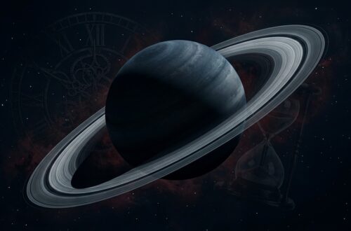 Saturn itself — dark, moody, rings prominent — rather than a generic “zodiac wheel” stock photo an image that reads as heavy, architectural, and a little austere (dark background, cool tones, an hourglass and a clock motif layered subtly) will telegraph the theme art. The image has a dark palette and is meant to be a visual nod to to explain Saturn Retrograde