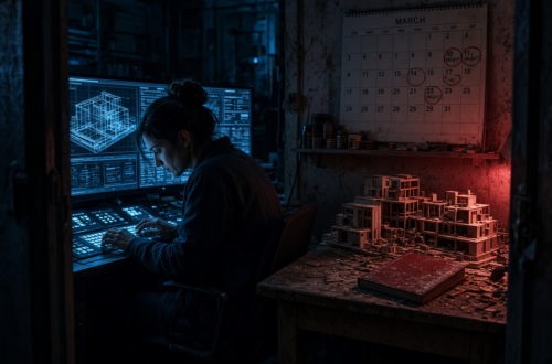 Editorial cinematic image a a Person: In the foreground, or through a doorway, we see a woman hunched intensely over a different, specialized task (e.g., obsessively typing at a console, or lost in complex digital models—a very Aquarius/Pluto activity). She is absorbed and maybe a little shadowed, reflecting the 'North Node/Pluto obsession.' 2. The Evidence of Neglect (The Failure/Guilt Zone): The Red Action/Guilt Accent: Against an opposite wall is a desk or shelving unit. A bright, deep red-bound ledger or specific notebook sits prominently, but it is covered in a layer of fine, gray dust. This is a visible symbol of an active "must-do" that has been neglected (Saturn/North Node neglect). Unfinished or 'Dead' Projects: Nearby, a complex physical model (like an architectural maquette or a detailed prototypes—the Aries initiation) sits half-assembled, but it is broken, incomplete, or pushed far to the side of a desk. Abandoned Calendars: A dry-erase wall calendar for a previous month is visible, with several days circled aggressively with "START PROJECT," but the remaining days are blank. This directly visualizes the "initiating something new but doing the same boring thing." 3. The Atmosphere: The lighting is split. The person working on the new task is under a cool, focused light (the North Node area). The neglected "guilt" desk is bathed in a much softer, maybe slightly sad, warm red glow