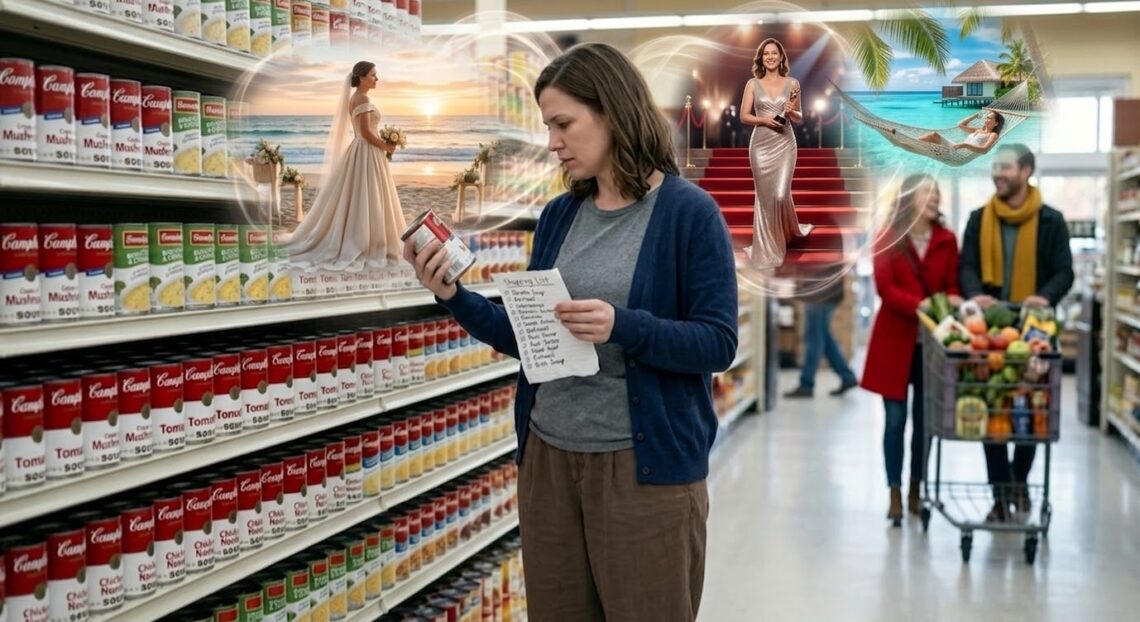 A woman in casual clothes stands in a brightly lit supermarket aisle holding a soup can and a handwritten list, looking thoughtfully at a daydream visual floating above her head. The dream bubbles depict her in three glamorous scenarios: wearing a wedding dress at a beach sunset, walking a red carpet at an award ceremony holding a trophy, and lounging in a hammock over a tropical turquoise ocean. In the background, other shoppers stroll down the aisle with a filled grocery cart. This captures the mundane, illusion-of-choice aspect well (the intense focus on repetitive, boring options while others move past with vibrant energy), but it reads more consumerist than creative or goal-oriented associated with Saturn retrograde in Aries and Neptune in Aries.