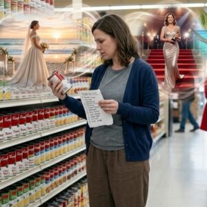 A woman in casual clothes stands in a brightly lit supermarket aisle holding a soup can and a handwritten list, looking thoughtfully at a daydream visual floating above her head. The dream bubbles depict her in three glamorous scenarios: wearing a wedding dress at a beach sunset, walking a red carpet at an award ceremony holding a trophy, and lounging in a hammock over a tropical turquoise ocean. In the background, other shoppers stroll down the aisle with a filled grocery cart. This captures the mundane, illusion-of-choice aspect well (the intense focus on repetitive, boring options while others move past with vibrant energy), but it reads more consumerist than creative or goal-oriented associated with Saturn retrograde in Aries and Neptune in Aries.