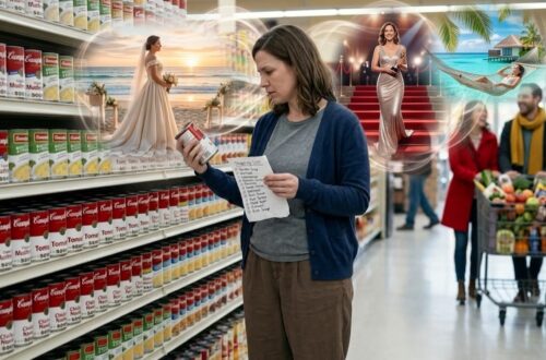 A woman in casual clothes stands in a brightly lit supermarket aisle holding a soup can and a handwritten list, looking thoughtfully at a daydream visual floating above her head. The dream bubbles depict her in three glamorous scenarios: wearing a wedding dress at a beach sunset, walking a red carpet at an award ceremony holding a trophy, and lounging in a hammock over a tropical turquoise ocean. In the background, other shoppers stroll down the aisle with a filled grocery cart. This captures the mundane, illusion-of-choice aspect well (the intense focus on repetitive, boring options while others move past with vibrant energy), but it reads more consumerist than creative or goal-oriented associated with Saturn retrograde in Aries and Neptune in Aries.
