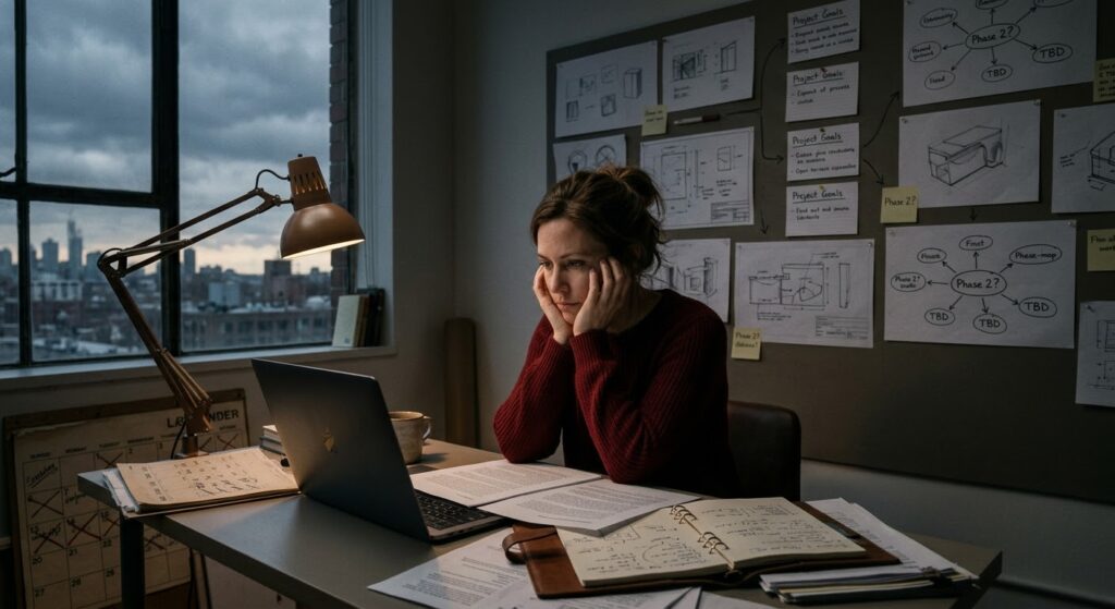 A cinematic, editorial-style photo of a tired-looking woman sitting at a desk late in the day. She is wearing a dark red sweater and rests her head in her hands while gazing thoughtfully at an open laptop screen. Surrounding her are scattered papers, open notebooks, and a desk lamp casting a warm glow. Behind her, a wall is covered with pinning boards containing unfinished project plans, diagrams, and sticky notes. A large window to the left reveals a moody, dark city skyline under an overcast sky. This image is too depict Saturn retrograde and boredom failure the mundane. captures the friction of Saturn in Aries perfectly: Aries wants to initiate, build, and charge forward, but Saturn slows things down into administrative drift and unfinished execution. The woman sitting at a desk covered in half-baked plans, diagrams, and notebooks perfectly illustrates being stuck in the mundane while carrying the heavy internal weight of where she thinks she ought to be. The quiet defeat directly mirrors that private sense of personal failure.