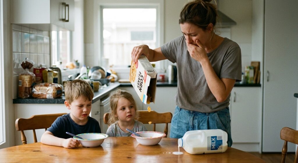 A candid, documentary-style photograph from an eye-level perspective inside a cluttered family kitchen in the early morning. A young mother, wearing a plain grey t-shirt and loose jeans, stands over a wooden breakfast table with an expression of profound, quiet guilt and embarrassment, her hand covering her mouth. She is attempting to pour cereal from a near-empty, generic box (labeled "Corn Flakes") into a child's bowl, but only a single corn flake falls into the otherwise empty bowl. At the table sit two young children, a boy and a girl, both in pajamas, looking directly into their empty bowls with looks of disappointment and hunger. Next to the mother on the table, a plastic milk carton is tipped on its side, nearly empty with only a tiny, insufficient dribble of milk coming out. The kitchen behind them is cluttered with unwashed breakfast items and bread packaging, all bathed in soft, natural morning light from a window. The focus is sharp on the mother and the immediate interaction with the empty items and the disappointed children. This image is supposed to represent Saturnretrograde a feeling like a failure and also Pluto retrograde and guilt