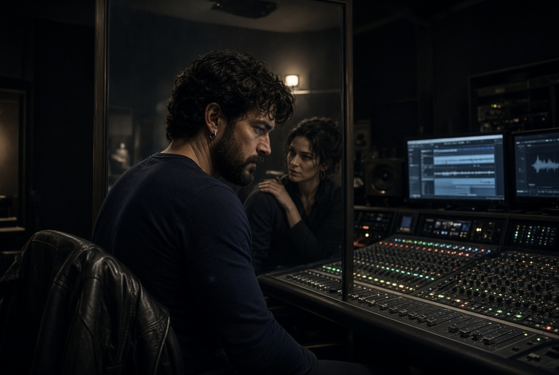 Cinematic photograph of a rugged man with dark wavy hair and a beard, seen from behind in three-quarter view, wearing a navy T-shirt and standing at a professional recording console in a dark, moody studio. A black leather jacket hangs on a chair nearby. In a large mirror beside him, the reflection clearly shows a mysterious woman with her hand resting on his shoulder, watching him — while the woman is completely absent from the actual physical room. To depict a Toxic Capricorn Man having an affair.