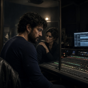Cinematic photograph of a rugged man with dark wavy hair and a beard, seen from behind in three-quarter view, wearing a navy T-shirt and standing at a professional recording console in a dark, moody studio. A black leather jacket hangs on a chair nearby. In a large mirror beside him, the reflection clearly shows a mysterious woman with her hand resting on his shoulder, watching him — while the woman is completely absent from the actual physical room. To depict a Toxic Capricorn Man having an affair.