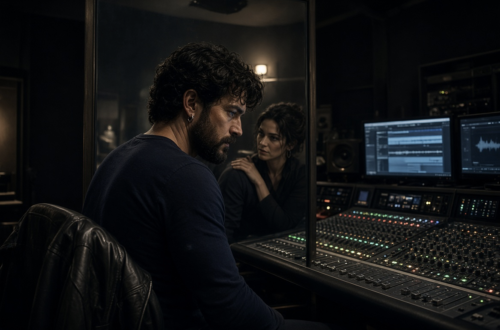 Cinematic photograph of a rugged man with dark wavy hair and a beard, seen from behind in three-quarter view, wearing a navy T-shirt and standing at a professional recording console in a dark, moody studio. A black leather jacket hangs on a chair nearby. In a large mirror beside him, the reflection clearly shows a mysterious woman with her hand resting on his shoulder, watching him — while the woman is completely absent from the actual physical room. To depict a Toxic Capricorn Man having an affair.