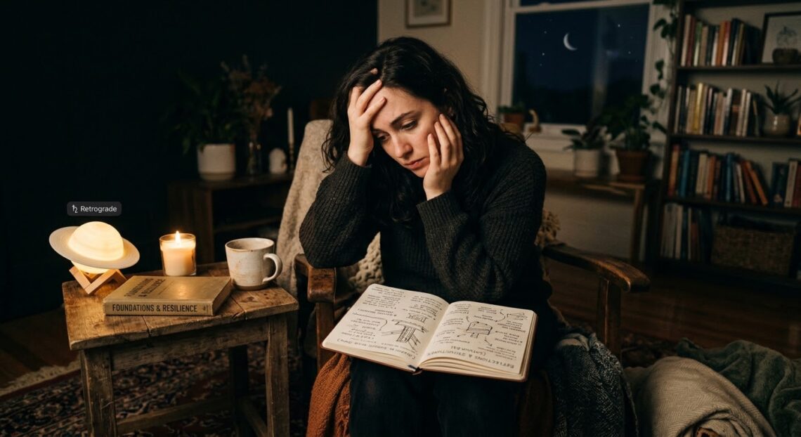 A person sitting in a dimly lit room at night, reflecting deeply over an open journal with a glowing Saturn lamp and a candle nearby, depicting Saturn retrograde self-inquiry.