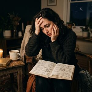 A person sitting in a dimly lit room at night, reflecting deeply over an open journal with a glowing Saturn lamp and a candle nearby, depicting Saturn retrograde self-inquiry.