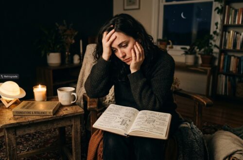 A person sitting in a dimly lit room at night, reflecting deeply over an open journal with a glowing Saturn lamp and a candle nearby, depicting Saturn retrograde self-inquiry.