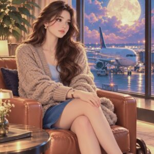a young woman sitting in a warm brown leather armchair in what appears to be an elegant airport. She is positioned beside a huge floor-to-ceiling window, with an aeroplane visible immediately outside on the runway. Behind the plane, an enormous glowing full moon dominates the sky, giving the scene a slightly dreamy, cinematic quality. The woman has long, dark brown hair styled in large, soft waves. She is wearing a loose, oversized taupe-beige cable-knit cardigan over a pale blue top, paired with a short blue skirt. Her legs are crossed and her posture is relaxed and composed. She has delicate jewellery—a small pendant necklace and earrings—and fairly natural makeup with softly defined eyes and warm pink-red lips. Her hands rest around her upper knee. Importantly, the wrist that was missing in the previous version is now clearly visible between the cardigan cuff and her hand. There is a small, elegant analogue wristwatch there, with a round pale face and a narrow brown/tan strap. It is quite understated rather than being a prominent fashion watch. The setting mixes warm and cool tones. Inside, there is golden light hitting the woman, the knitted cardigan and the caramel leather chair. Outside, the runway and aircraft are predominantly cool blue. The huge cream-white moon and the pale pink clouds create a warmer transition between the two. There are also subtle details suggesting a comfortable private lounge rather than an ordinary airport waiting area: heavy curtains, a large leafy plant, a dark cushion, and the edge of a small round wooden side table. Stylistically, it sits somewhere between high-end digital illustration, polished AI realism and romantic cinematic concept art. It isn’t completely photographic—the woman has the exceptionally smooth skin, large luminous eyes, immaculate hair and slightly idealised proportions. The lighting is also deliberately fantastical: the enormous moon behind the aircraft makes the scene feel more like a visual metaphor for travel, anticipation, freedom or dreaming of somewhere else than a literal airport photograph. She is to depict type of woman moon in Sagittarius man is emotionally attracted to.