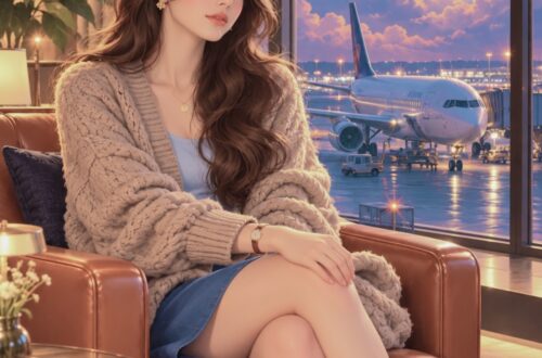 a young woman sitting in a warm brown leather armchair in what appears to be an elegant airport. She is positioned beside a huge floor-to-ceiling window, with an aeroplane visible immediately outside on the runway. Behind the plane, an enormous glowing full moon dominates the sky, giving the scene a slightly dreamy, cinematic quality. The woman has long, dark brown hair styled in large, soft waves. She is wearing a loose, oversized taupe-beige cable-knit cardigan over a pale blue top, paired with a short blue skirt. Her legs are crossed and her posture is relaxed and composed. She has delicate jewellery—a small pendant necklace and earrings—and fairly natural makeup with softly defined eyes and warm pink-red lips. Her hands rest around her upper knee. Importantly, the wrist that was missing in the previous version is now clearly visible between the cardigan cuff and her hand. There is a small, elegant analogue wristwatch there, with a round pale face and a narrow brown/tan strap. It is quite understated rather than being a prominent fashion watch. The setting mixes warm and cool tones. Inside, there is golden light hitting the woman, the knitted cardigan and the caramel leather chair. Outside, the runway and aircraft are predominantly cool blue. The huge cream-white moon and the pale pink clouds create a warmer transition between the two. There are also subtle details suggesting a comfortable private lounge rather than an ordinary airport waiting area: heavy curtains, a large leafy plant, a dark cushion, and the edge of a small round wooden side table. Stylistically, it sits somewhere between high-end digital illustration, polished AI realism and romantic cinematic concept art. It isn’t completely photographic—the woman has the exceptionally smooth skin, large luminous eyes, immaculate hair and slightly idealised proportions. The lighting is also deliberately fantastical: the enormous moon behind the aircraft makes the scene feel more like a visual metaphor for travel, anticipation, freedom or dreaming of somewhere else than a literal airport photograph. She is to depict type of woman moon in Sagittarius man is emotionally attracted to.