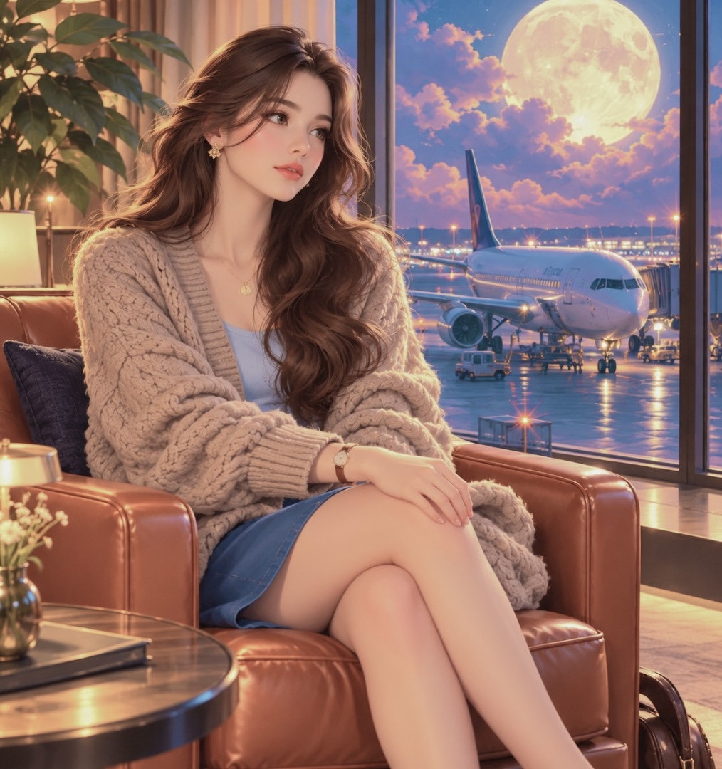 a young woman sitting in a warm brown leather armchair in what appears to be an elegant airport. She is positioned beside a huge floor-to-ceiling window, with an aeroplane visible immediately outside on the runway. Behind the plane, an enormous glowing full moon dominates the sky, giving the scene a slightly dreamy, cinematic quality. The woman has long, dark brown hair styled in large, soft waves. She is wearing a loose, oversized taupe-beige cable-knit cardigan over a pale blue top, paired with a short blue skirt. Her legs are crossed and her posture is relaxed and composed. She has delicate jewellery—a small pendant necklace and earrings—and fairly natural makeup with softly defined eyes and warm pink-red lips. Her hands rest around her upper knee. Importantly, the wrist that was missing in the previous version is now clearly visible between the cardigan cuff and her hand. There is a small, elegant analogue wristwatch there, with a round pale face and a narrow brown/tan strap. It is quite understated rather than being a prominent fashion watch. The setting mixes warm and cool tones. Inside, there is golden light hitting the woman, the knitted cardigan and the caramel leather chair. Outside, the runway and aircraft are predominantly cool blue. The huge cream-white moon and the pale pink clouds create a warmer transition between the two. There are also subtle details suggesting a comfortable private lounge rather than an ordinary airport waiting area: heavy curtains, a large leafy plant, a dark cushion, and the edge of a small round wooden side table. Stylistically, it sits somewhere between high-end digital illustration, polished AI realism and romantic cinematic concept art. It isn’t completely photographic—the woman has the exceptionally smooth skin, large luminous eyes, immaculate hair and slightly idealised proportions. The lighting is also deliberately fantastical: the enormous moon behind the aircraft makes the scene feel more like a visual metaphor for travel, anticipation, freedom or dreaming of somewhere else than a literal airport photograph. She is to depict type of woman moon in Sagittarius man is emotionally attracted to.