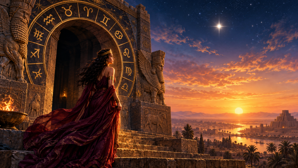 Inanna in burgundy robes stands beneath an ancient gateway framed by golden zodiac symbols, looking towards sunrise as Venus shines as the Morning Star