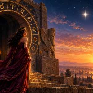 Inanna in burgundy robes stands beneath an ancient gateway framed by golden zodiac symbols, looking towards sunrise as Venus shines as the Morning Star