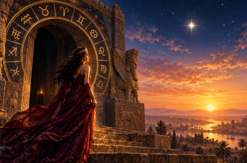 Inanna in burgundy robes stands beneath an ancient gateway framed by golden zodiac symbols, looking towards sunrise as Venus shines as the Morning Star