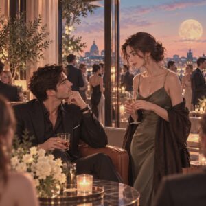 A man and woman sit inside a private party, out side the window is a rooftop gathering, creative event—with plenty of other people around. but there is a visually there is a subtle separation between everybody he knows and the one woman who actually has his attention. She shouldn’t be clinging to him. make her quite self-possessed: stylish, intelligent-looking, perhaps talking to him while standing slightly apart rather than physically wrapped around him. The composition could even reinforce the article psychologically: A private look, small smile or the sense that they are having their own conversation while everybody else carries on around them. This is to depict men with a moon in Aquarius.