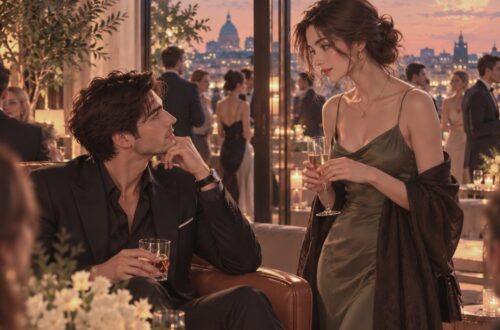 A man and woman sit inside a private party, out side the window is a rooftop gathering, creative event—with plenty of other people around. but there is a visually there is a subtle separation between everybody he knows and the one woman who actually has his attention. She shouldn’t be clinging to him. make her quite self-possessed: stylish, intelligent-looking, perhaps talking to him while standing slightly apart rather than physically wrapped around him. The composition could even reinforce the article psychologically: A private look, small smile or the sense that they are having their own conversation while everybody else carries on around them. This is to depict men with a moon in Aquarius.