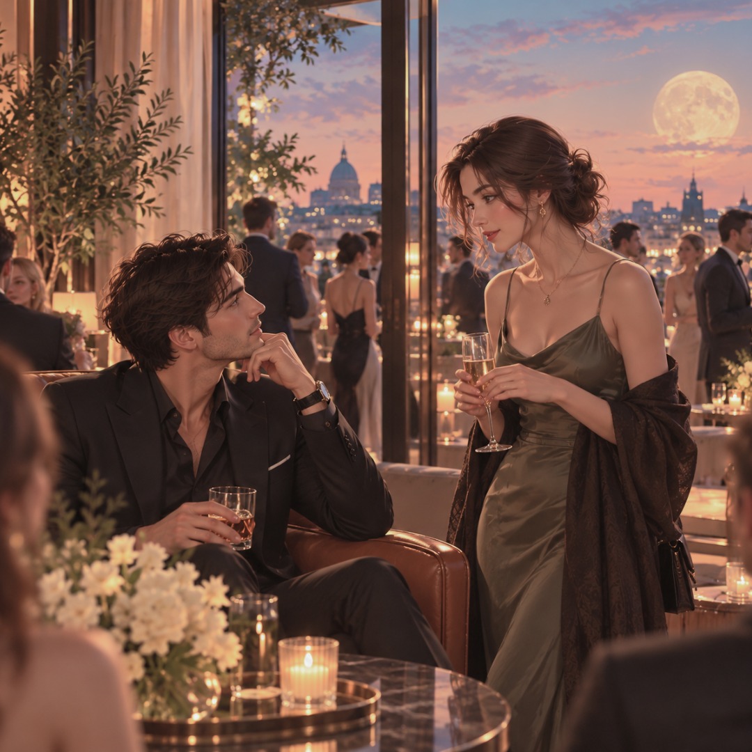 A man and woman sit inside a private party, out side the window is a rooftop gathering, creative event—with plenty of other people around. but there is a visually there is a subtle separation between everybody he knows and the one woman who actually has his attention. She shouldn’t be clinging to him. make her quite self-possessed: stylish, intelligent-looking, perhaps talking to him while standing slightly apart rather than physically wrapped around him. The composition could even reinforce the article psychologically: A private look, small smile or the sense that they are having their own conversation while everybody else carries on around them. This is to depict men with a moon in Aquarius.