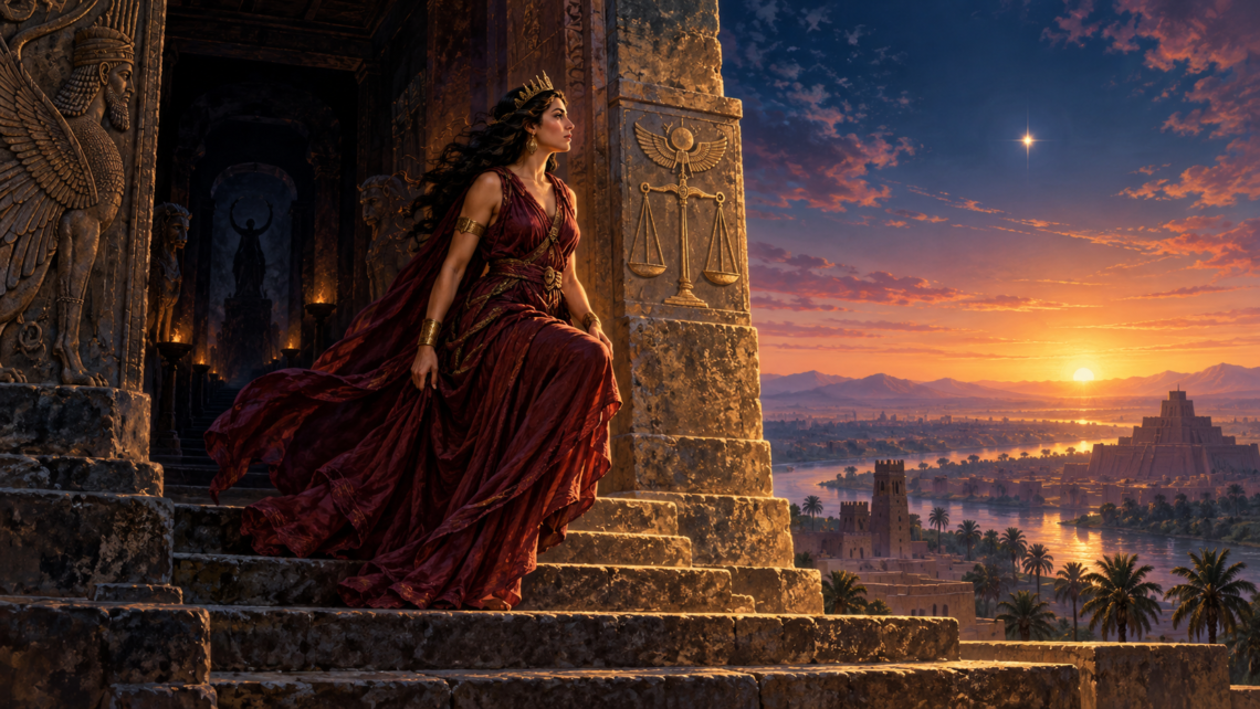 Inanna emerges from a shadowy ancient gateway into golden dawn, with Venus shining as the Morning Star and Libra’s scales carved into a stone pillar.