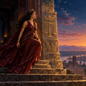 Inanna emerges from a shadowy ancient gateway into golden dawn, with Venus shining as the Morning Star and Libra’s scales carved into a stone pillar.