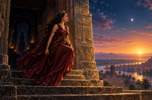 Inanna emerges from a shadowy ancient gateway into golden dawn, with Venus shining as the Morning Star and Libra’s scales carved into a stone pillar.